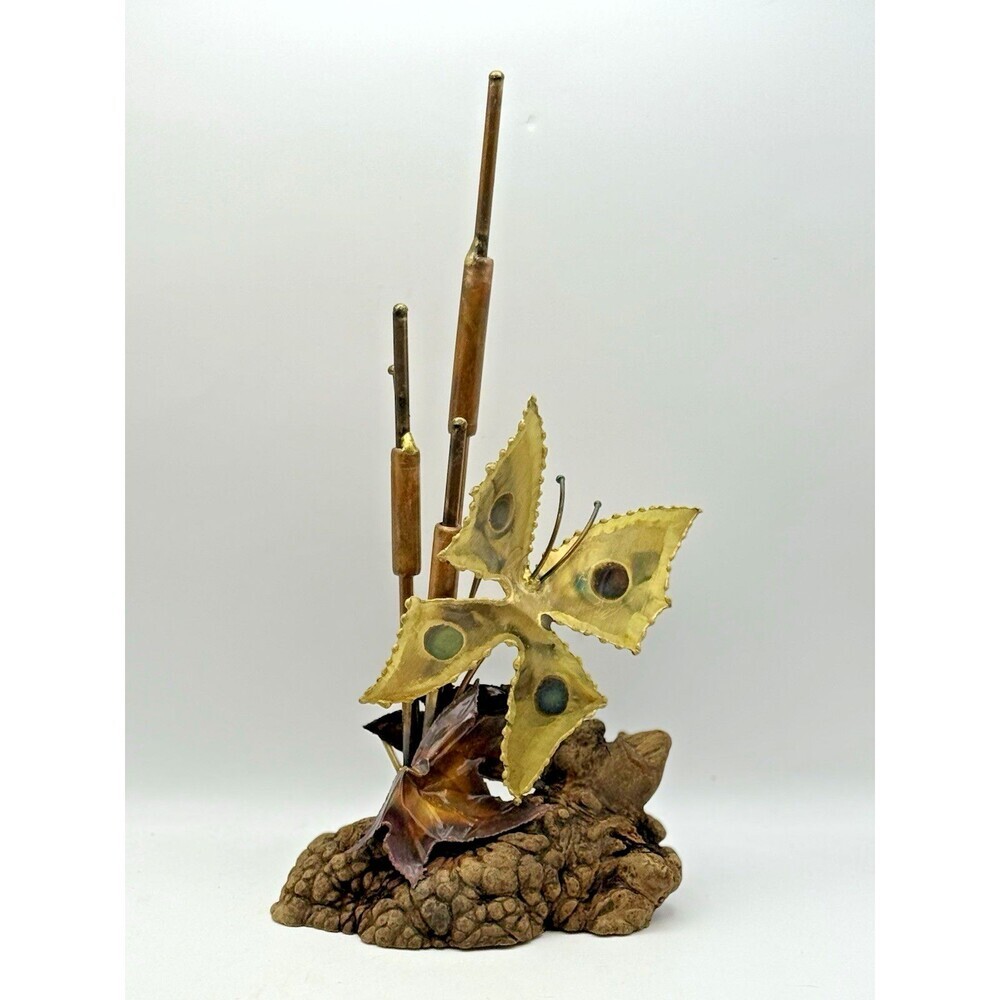 Vintage MCM Brass Butterfly Sculpture Copper Cattails, Leaves, Burlwood Base
